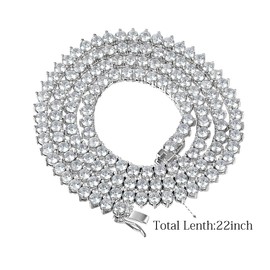 Tennis Necklace for Women and Men 18K Gold Plated Cubic Zirconia Chain, 4mm Round cut CZ Chain (3prong 22inch white gold plated)