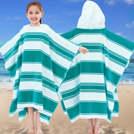 VOOVA & MOVAS Hooded Poncho Towels for Teens (8-16Years), 100% Cotton Thick Poncho Towel for Big Kids, Perfect for Pool, Beach, Bath, Green Bar