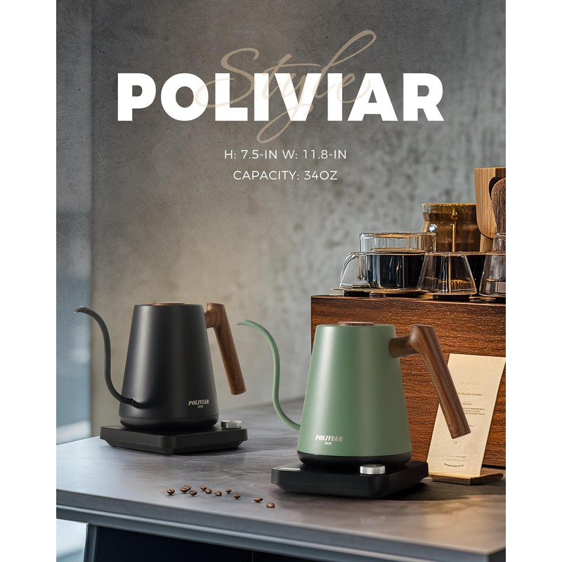 POLIVIAR Electric Gooseneck Kettle, 1350W Electric Tea Kettle Wood Pattern