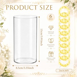 Dinifee 6 Pack Glass Cylindrical Vases with 20 LED Lights for Table Centerpiece Decorations Set - 5.9 Inch Tall Clear Rustic Farmhouse Flower Vase for Wedding Party Kitchen Home Decor(Warm White)