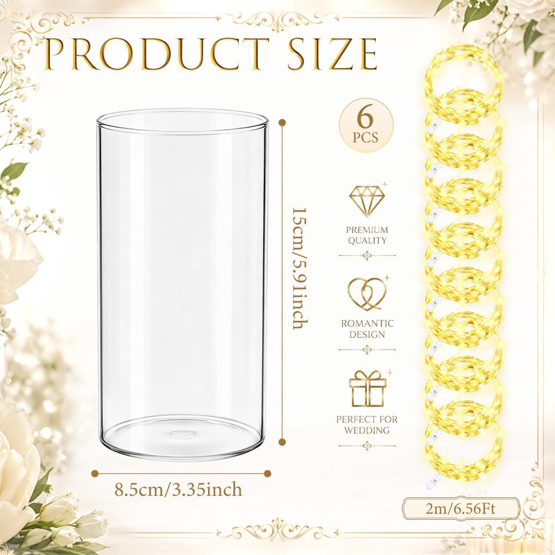 Dinifee 6 Pack Glass Cylindrical Vases with 20 LED Lights