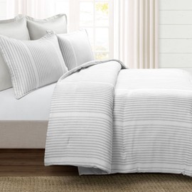 Lush Decor Farmhouse Drew Stripe Silver-Infused 5 Piece Comforter Set, Full/Queen, Neutral