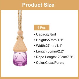 uxcell 4pcs Hanging Car Air Freshener Perfume Bottle, 8ml Pendant Empty Clear/Purple Glass Essential Oil Aromatherapy Diffuser with Wooden Cap for Car Decor (Clear/Purple, Rhombus)