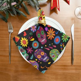 Day of The Dead Sugar Skull Cloth Napkin - 20 Inch x 20 Inch Decorative Washable Napkins Table Napkin for Dining, Kitchen, Parties & Camping Thanksgiving Christmas (Set of 6)
