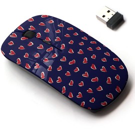 mouse inalámbrico de 2.4 G con bonito diseño de patrón para todas las computadoras portátiles y computadoras de computadora con nanoreceptor, día en forma de corazón rojo azul marino