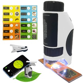 Kids Microscope Portable Children's Toys, SETFLAGS 300x Pocket Microscop with Phone Adapter Clip & 12 Specimen Slides, Learning Education Science Kits Boys Girls Toys 6+