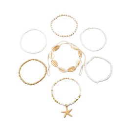 Niaspi 7Pcs Boho Shell Beaded Anklets Bracelet for Women Girls Gold Layered Beach Seashell Anklet Bohemian Vintage Starfish Stackable Fringe Woven Charm Bracelets Charm Accessories Jewelry