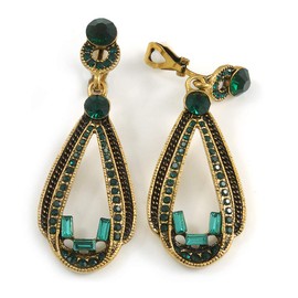 Long Emerald Green Crystal Loop Clip On Earrings In Antique Gold Tone/Vintage Inspired - 60mm L