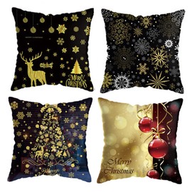 eBoutik - Set of 4 Christmas 2023 Cushion Covers - Festive Pillow Designs For Sofa & Beds - Decorative Accessories - Black and Gold Festive Images
