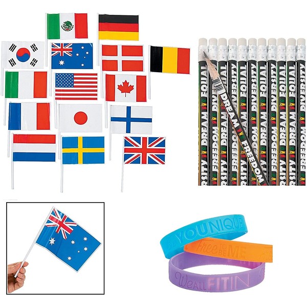 - Diversity Pencils (24 pcs) + Flags of All Nations (72 pcs) + Be You Rubber Bracelets (24 Pack) Great International party school kit