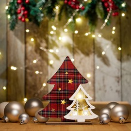 com-four® LED Tree as Decorative Lighting - Light Tree as Decoration - Wooden Christmas Tree - LED Lighting as Mood Light (Tree - Red Checked)
