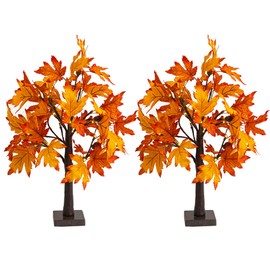 Dazzle Bright 2 Pack 24 Inch Lighted Thanksgiving Fall Maple Tree Decor, 24 LED Battery Operated Decorations Artificial Tree with Timer for Indoor Home Room Holiday Xmas Party