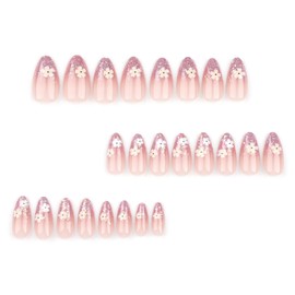 Flower Press on Nails Short Almond Fake Nails Press ons with Designs Pink Glitter False Nails Acrylic Glossy Full Cover Glue on Nails Glitter Cute Artificial Stick on Nails for Women Manicure 24 Pcs