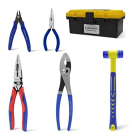 KAIHAOWIN 5-Piece Tool Set with Case, 8.8” Long Nose, 10” Slip Joint Pliers, 25 mm Rubber Hammer, 5” Needle Nose, 5" Flush Cutter for Repairing & Home Use
