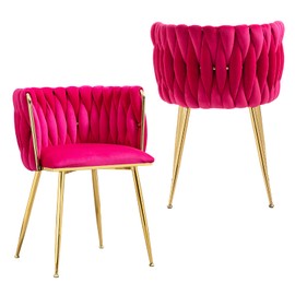 NIOIIKIT Modern Velvet Dining Chairs Set of 2 Hand Weaving Accent Upholstered Side Chair with Golden Metal Legs for Dining Room Kitchen Vanity Living Room (Rosered)