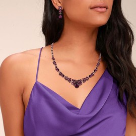 Ever Faith Bridal Jewellery Set Dark Purple Rhinestone Crystal Wedding Prom Party Floral Teardrop Necklace Earrings Set for Brides Silver-Tone