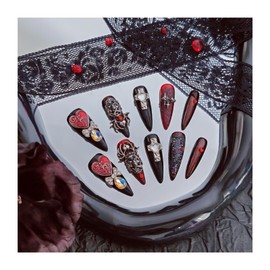 UNIYVOH Handmade Press on Nails Holiday Fake Nails with Designs, Cross/Skull/Spider/Scary Bloody, Women Reusable False Nails (Black Red, M)