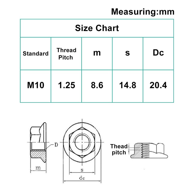 M10 x 1.25mm Flange Nut, 304 Stainless Steel Serrated Flange