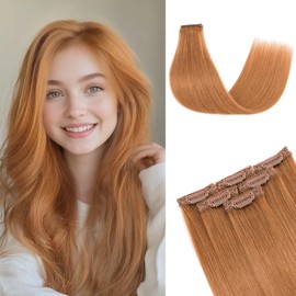 tesshair Clip in Hair Extensions Real Human Hair Remy Single Clip Double Weft 6 Pcs Seamless Highlight Straight Human Hair Clip in Extensions for Women #30 Light Auburn - 10 Inch