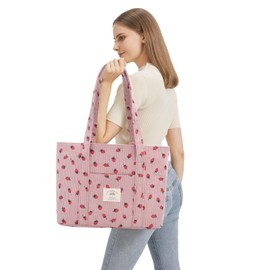 Women's Corduroy Large Handbag Tote Bag Shopper with Zip for Books Travel Everyday School Work Shopping, Pinkstrawberry