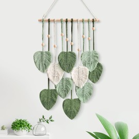 Urbun Macrame Leaves Wall Hanging - Chic Feather Boho Macrame Wall Decor Handmade Yarn Tassels Woven Wall Art Leaf Tapestry Bohemian Decoration for Nursery Bedroom Living Room,15.7 x35.4Inch