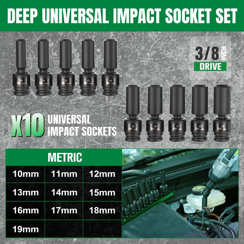 SK 3/8" Drive Universal Impact Socket Set, Deep Swivel Impact