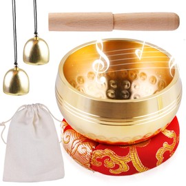 Tibetische Klangschale Set - Handarbeit Heilung Meditation Yoga Klang Schüssel Singing Bowl Klein aus Nepal mit Holz Klöppel, Klangschalenkissen, Messingglocke für Frauen Männer, 8 CM