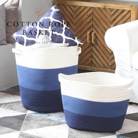 Sea Team Oval Large Cotton Rope Woven Storage Basket with Handles, Diaper Caddy, Baby Shower Basket, Nursery Nappies, Clothes Toys Organizer for Kid's Room, 16 x 13 inches, White & Navy