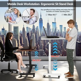 Mobile Standing Desk,Height Adjustable Overbed Bedside Table with Wheels&Cup Holder,Hand Crank Sit Stand Desk and Laptop Cart,Computer Workstation for Home Office Classroom Hospital (Manual Walnut)