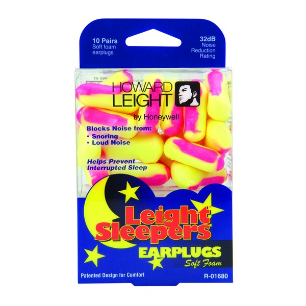 Howard Leight R-01680 Leight Sleepers Pre-Shaped Foam Earplugs, 6 Packs, 60 Pair Total (Yellow and Pink)