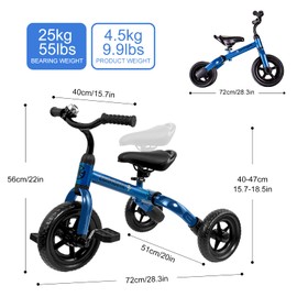 YGJT YGJT 3 in 1 Tricycle for Toddlers Age 2-5 Years Old, Folding Kids Balance Bikes with Adjustable Seat and Removable Pedal, Ride-on Toys for Infant, Gift for Baby Boys Girls Birthday(Blue)