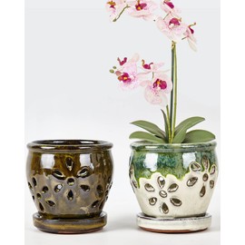 4 Inch Ceramic Orchid Pots with Holes and Saucers - 2 Pcs Small Ceramic Orchid Planter Pots for Repotting, Plant Garden Pots for Indoor and Outdoor Promotes Air Circulation (Olive Green, Green Mixed)