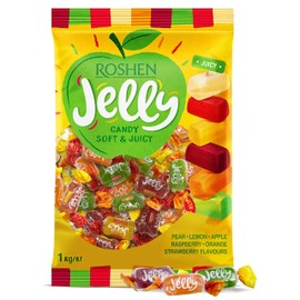 Roshen Jelly Candy, Mixed Fruit, 2.2 lb (1kg) Bulk Pack, Soft Fruit Jellies with Crystalline Sugar in Pear, Apple, Orange, Lemon, Strawberry & Raspberry Flavors, Individually Wrapped Gems, Pectin-Based, Kosher, Halal