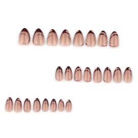 Stbisen Nude Short Almond Press on Nails, French Fake Nails with Unique Elegant Shaped Burgundy French Tip Design, Glossy Finish Acrylic Nails, Natural Reusable Glue on Nails Kit for Women, 24Pcs