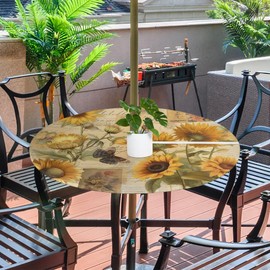 Pardick Round Fitted Tablecloth with Umbrella Hole Retro Sunflowers Outdoor Fitted Tablecloth with Zipper Round Elastic Table Cover Waterproof Umbrella Table Cloth 45""-56"" Patio Outdoor Tablecloth