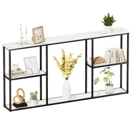 WOHOMO Narrow Console Table with Storage,3 Tire Long Sofa Table Behind Couch,Small Entryway Table for Entry, Hallway,White Marble(63 inch)