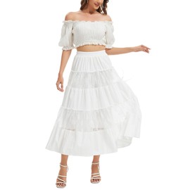 ZXIHZF Women's Tiered Floral Lace Splicing Long Skirt Elastic Waist A-Line Ruffle with Lining, White, X-Large