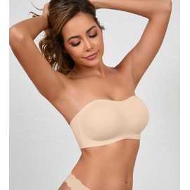 DEANGELMON Strapless Bras for Women Seamless Padded Bandeau Bra Non-Slip Silicone Tube Top Wireless Push Up Convertible Bralettes(Skin,S)
