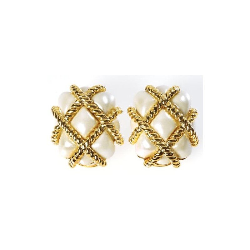 Kenneth Jay Lane Gold Quilted Clip-On Earrings with Enamel