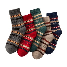 [DAMILY] Women's Warm Winter Socks, Thick, Cold Protection, Socks, Cotton, Cute, Thermal, Colorful, Warm, Winter Socks, Set of 5, Floral Pattern, Crew Socks, Outdoor, Cold Socks, Northern Europe, 8.7 - 9.6 inches (22 - 24.5 cm), Casual Socks, Set of 5 pairs