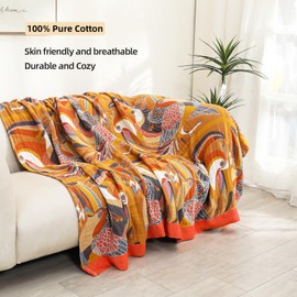 VANJOROY Boho Large Throw Blanket, 100% Organic Cotton Breathable Soft Bed Throw - Floral Bird Farmhouse Decor Blanket for Sofa Couch Chair Quilt and Gift. 91" x 98"- Colorful