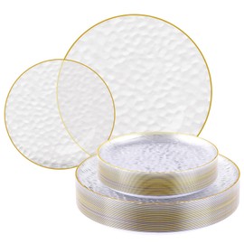 FOCUSLINE 60Pcs Clear Plastic Plates, Clear Disposable Plates with Gold Rim, 30 7" Salad Dessert Plate and 30 10" Dinner Plate Heavy-duty Hammered Plates for Party, Wedding
