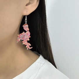 Cute Pink Flamingo Christmas Drop Dangle Statement Earrings for Women Acrylic Glitter Sequin Animal Santa Hat Colorful Bulbs Hook Hoop Earring Dainty Holiday Festival Jewelry Gifts Xmas Ornament