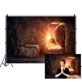 Leyiyi 9x6ft Empty Tomb Backdrop Jesus Christ Holy Light Sunset Stone Hole Photography Background Banner Three Crosses on Mountain Crucifix Lord Pray Easter Church Events Decor Studio Props