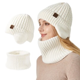 ULSTAR Winter Earflap Hat and Scarf for Women and Men, Warm Fleece-Lined Knit Hat and Neck Warmer Set Knitted Skull Cap (White)