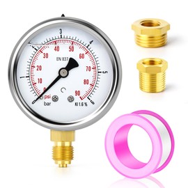 ERGAOBOY 0-6 Bar (0-90 Psi) Stainless Steel 1/4 Inch BSP 2.5 Inch Dial Liquid Pressure Gauge, with Brass Adapter, Bottom Mounting