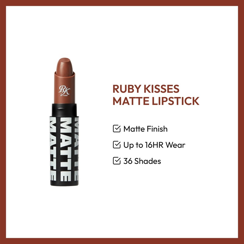 Ruby Kisses Lipstick, Matte Finish, Long-Lasting, Highly Pigmented, Smooth Apply,