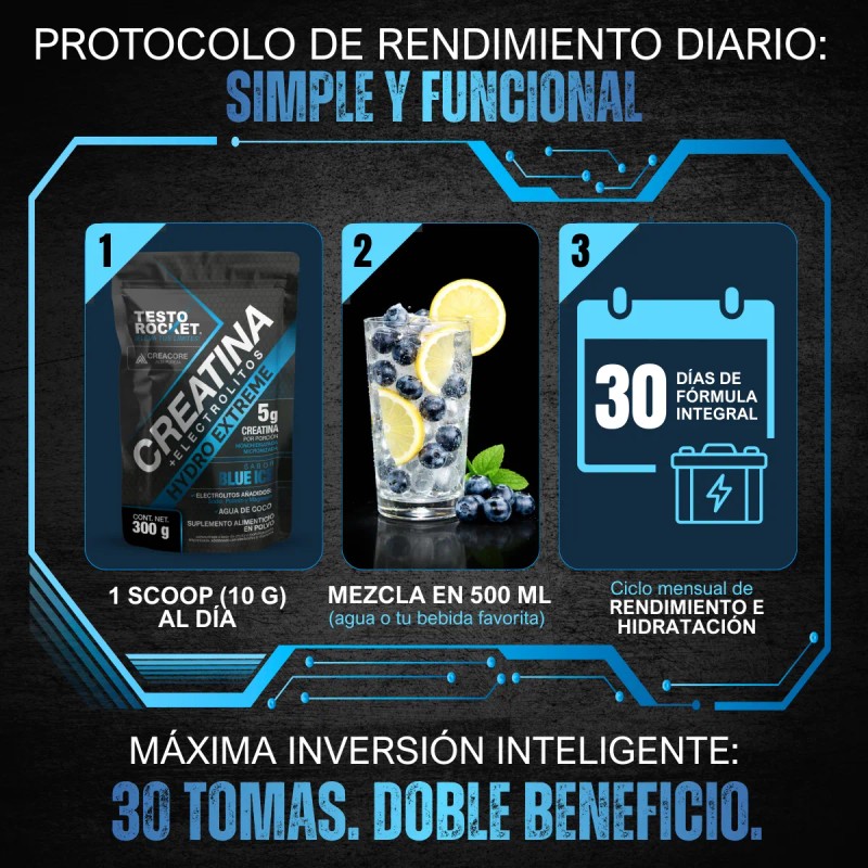 Creatina + Electrolitos, Vitaminas Testo Rocket Blue Ice