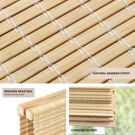 LazBlinds No Tools No Drill Cordless Bamboo Roman Shades, Privacy Room Darkening Window Treatment, Roll Up Bamboo Blinds for Window 26'' W x 64'' H, DP-Natural