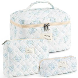 UUYUUY Makeup Bag for Women 3PCS Quilted Cotton Make Up Bag Travel Cosmetic Bag Large Makeup Bag Set Cute Makeup Bag Organizer Floral Toiletry Bag Makeup Pouch for Purse, Blue